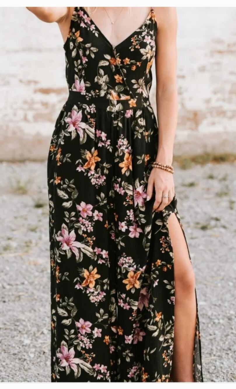 American Eagle Outfitters Black Tie Back Floral Pink Orange Jumpsuit Size L